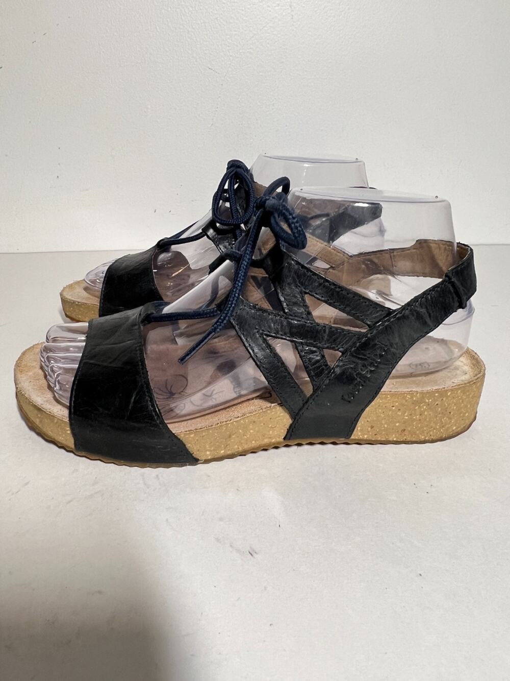 Josef Seibel EUC Black Leather Tonga Lace Up Cork Heel Sandal 37 EU 6-6.5 EU